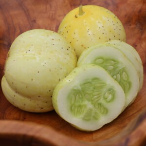 Three round round yellow 'True Lemon' cucumbers and several cucumber slices in a wooden bowl