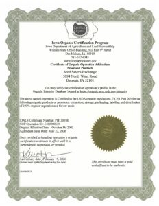 Seed Savers Exchange Organic Certificate