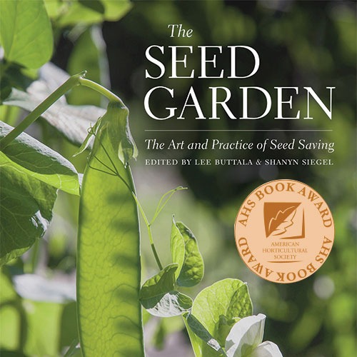 The front cover of the Seed Garden featuring a green pea pod hanging from a plant