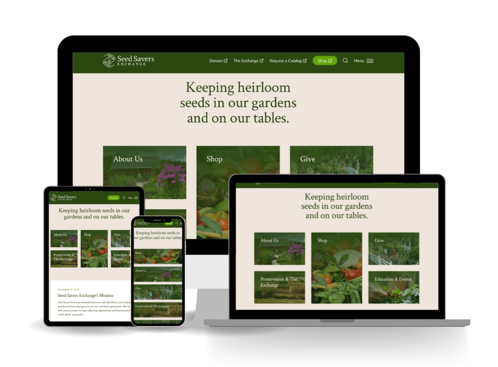 Seed Savers Exchange website displayed on various device screens, including a desktop computer, laptop, tablet, and phone.