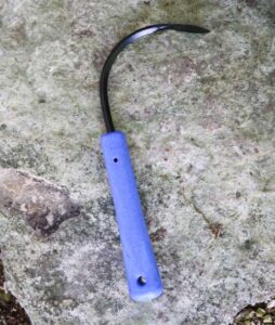 Cobrahead weeder and cultivator with a blue handle on a rock surface